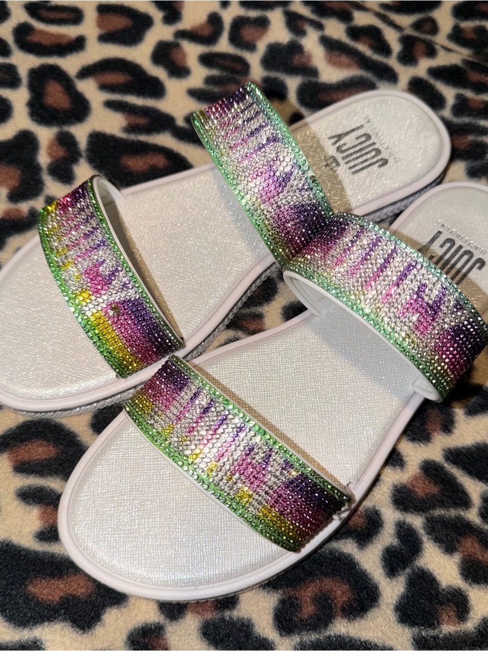 2000s style Juicy Couture rainbow rhinestone slides
